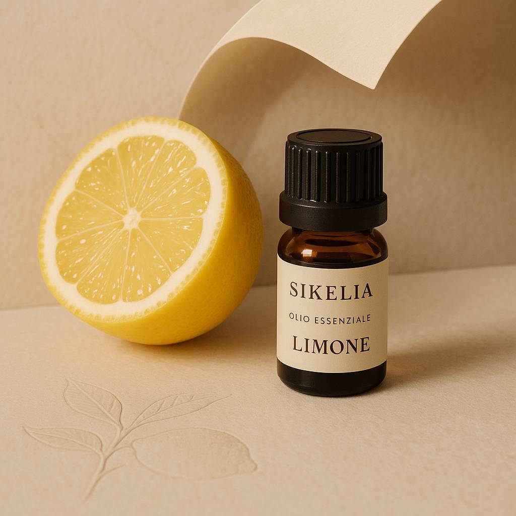 olio essenziale limone usi - bottiglia di olio essenziale SikeliaBio su sfondo soft, limone fresco