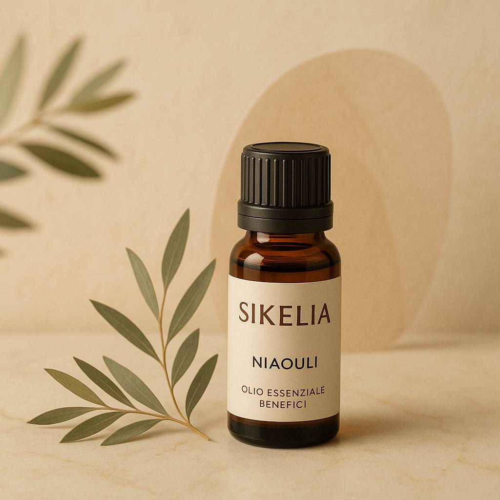 olio essenziale niaouli benefici: flacone in vetro ambrato con foglie verdi, rappresentazione elegante e naturale