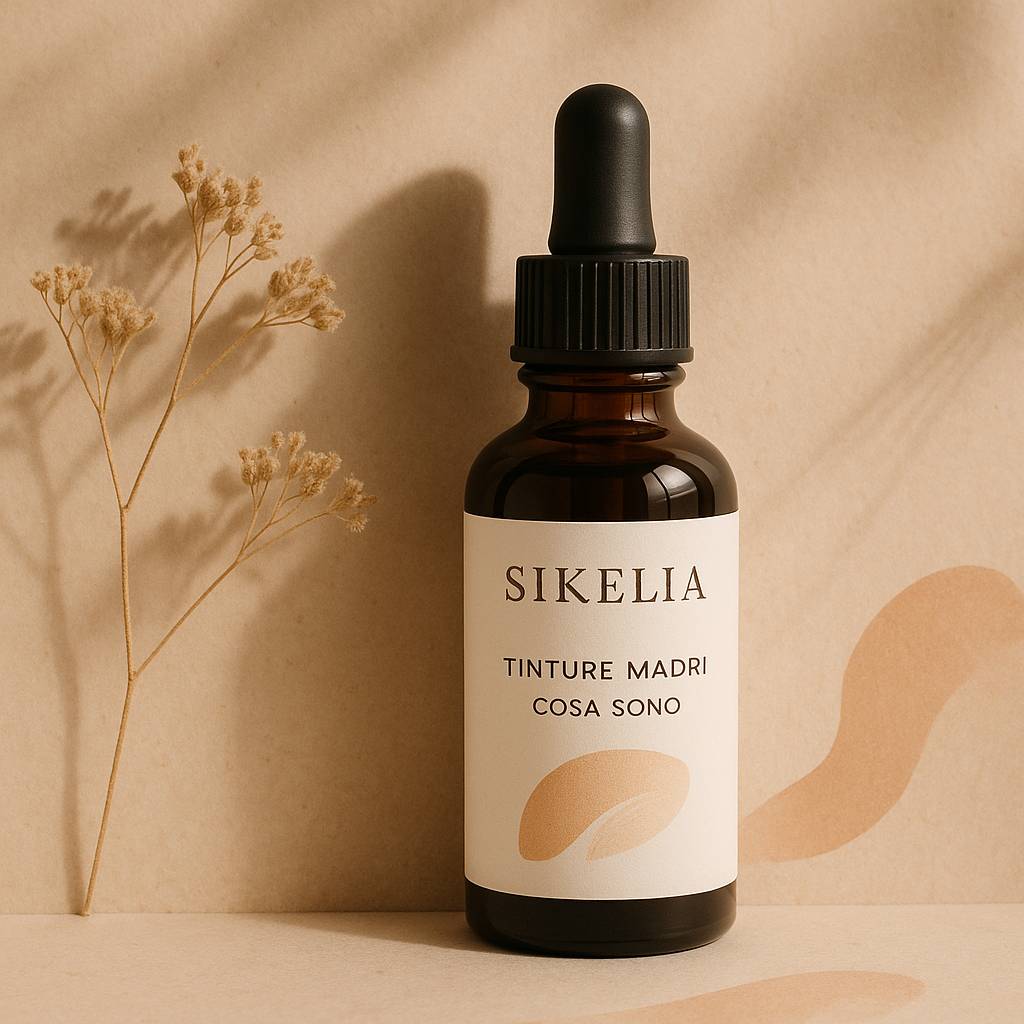 tinture madri cosa sono: estratto naturale con erbe fresche in bottiglia su sfondo chiaro.