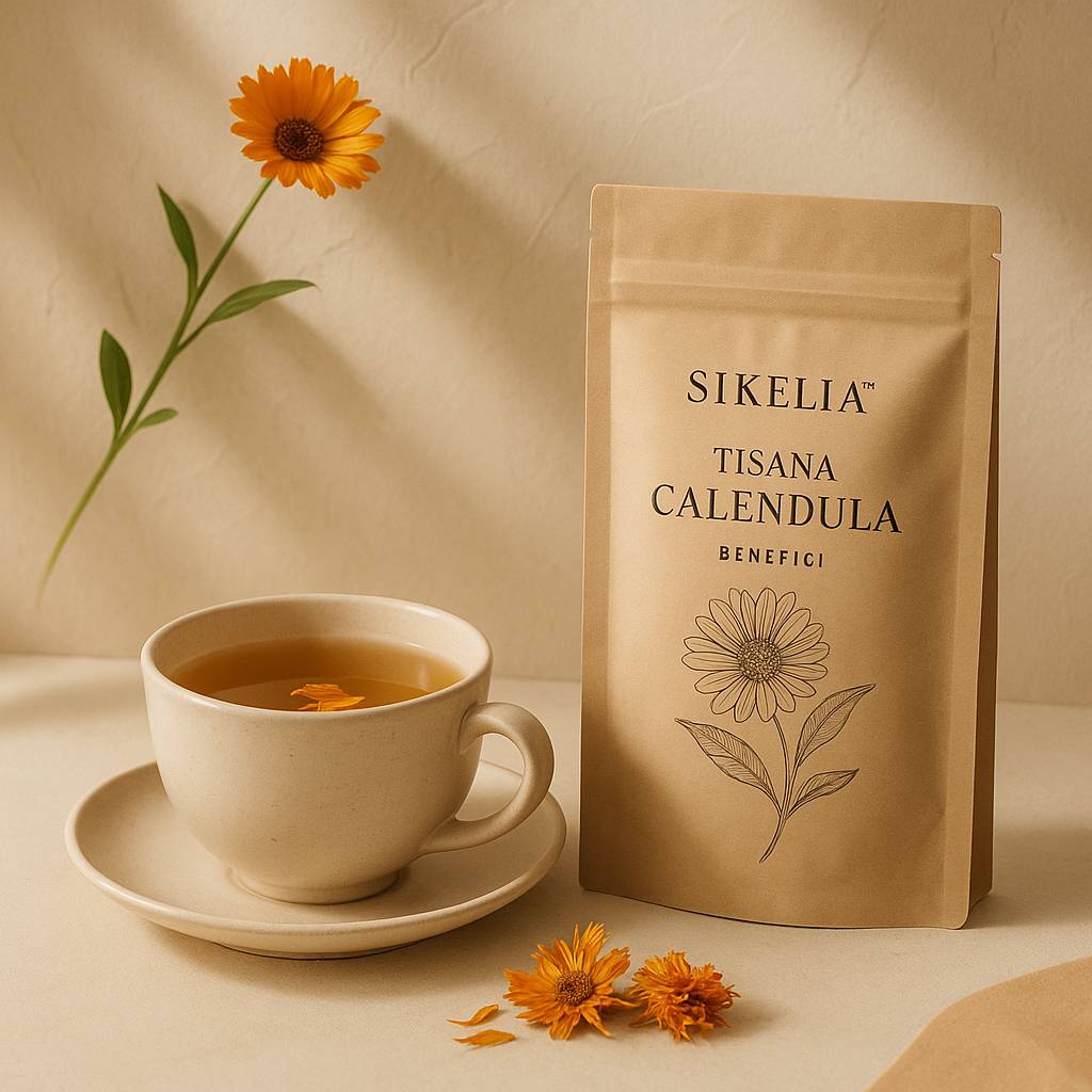 tisana calendula benefici nella presentazione della tisana in tazza con calendula essiccata