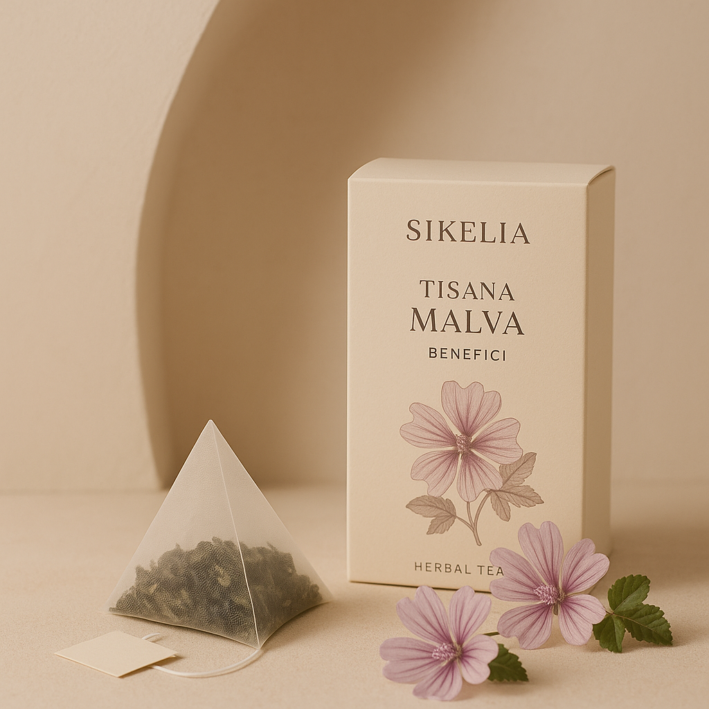 tisana malva benefici: tazza di tisana alla malva accanto a fiori secchi di malva