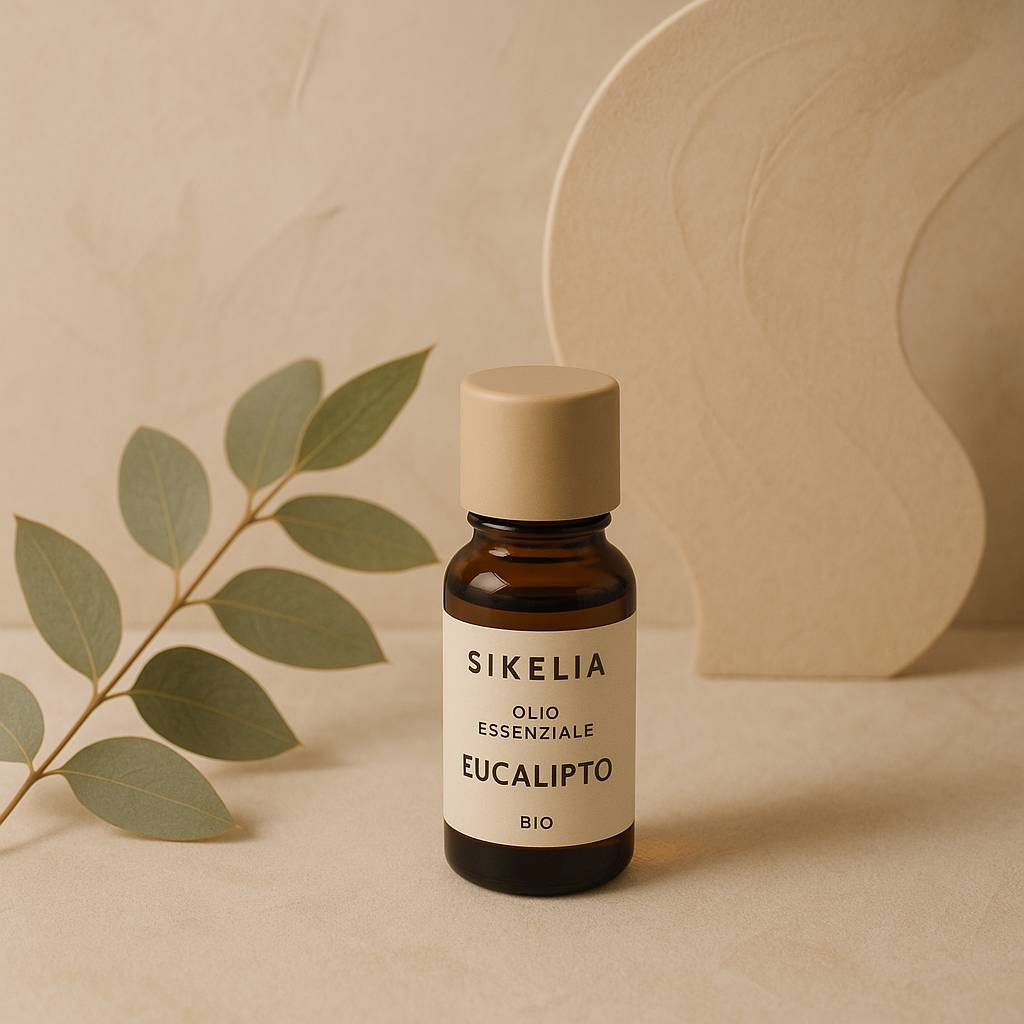 olio essenziale eucalipto benefici, eleganti oli essenziali su fondo bianco soft, brand SikeliaBio