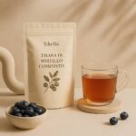 tisana di mirtillo composto SikeliaBio in tazza, dettagli su erbe e mirtilli, atmosfera naturale e rilassante