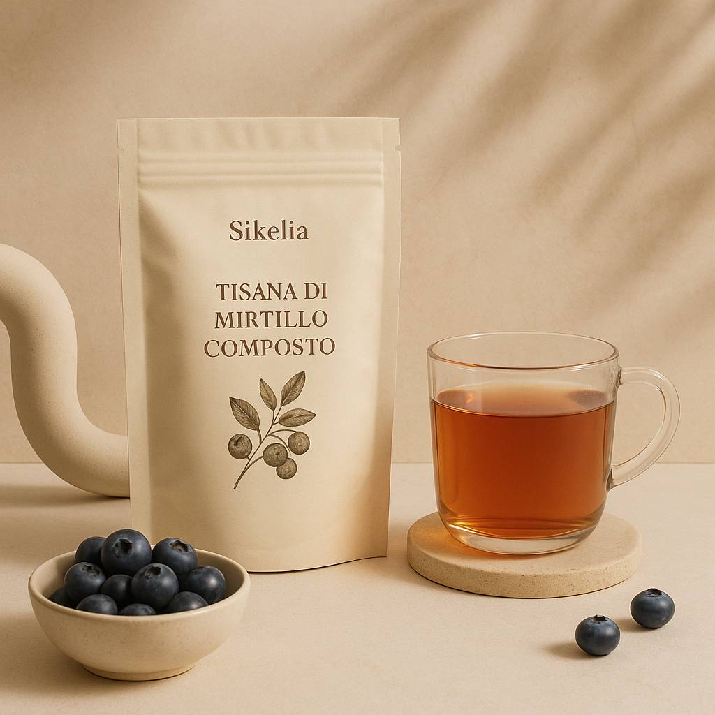 tisana di mirtillo composto SikeliaBio in tazza, dettagli su erbe e mirtilli, atmosfera naturale e rilassante