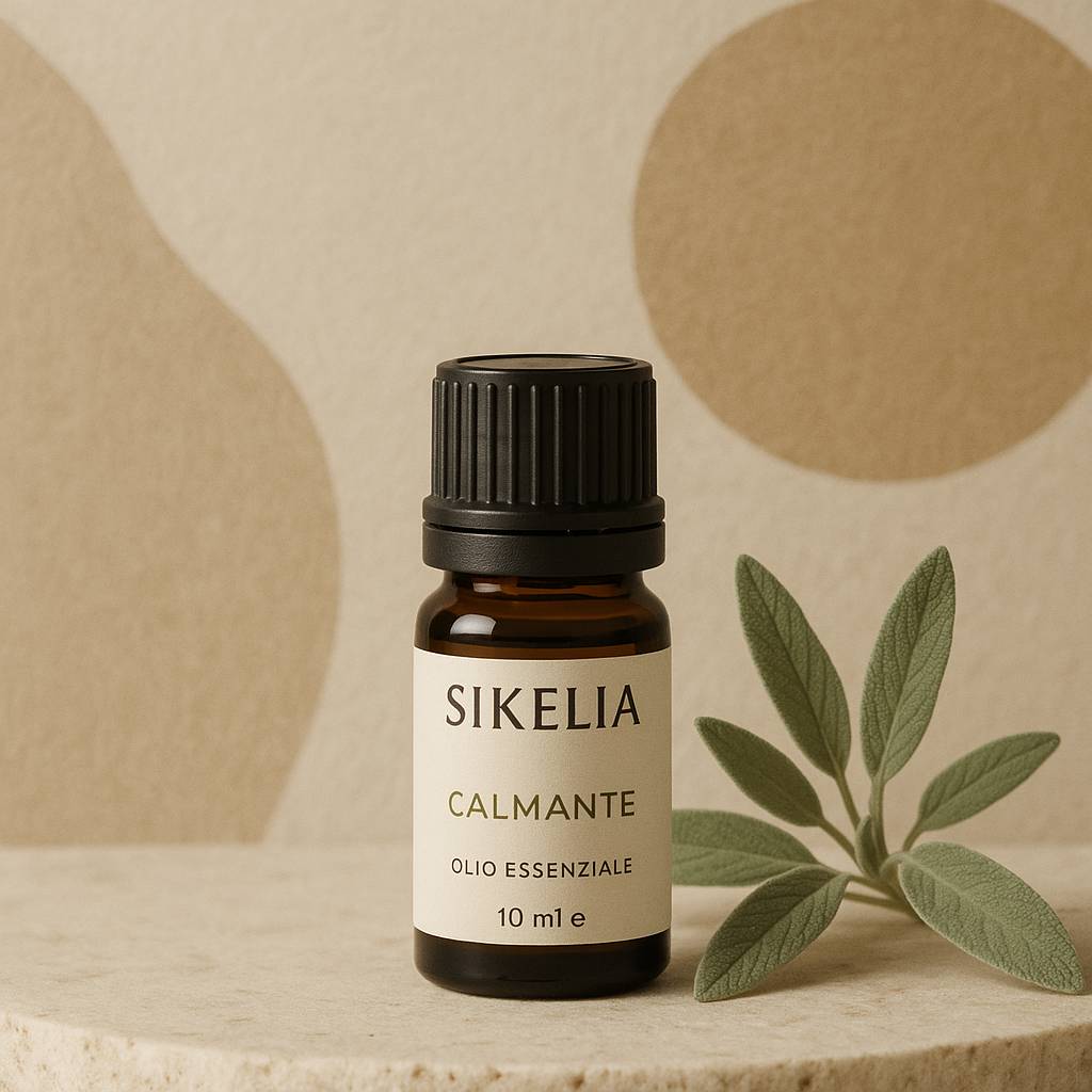 Olio essenziale calmante: guida all’uso e benefici 22 Olio essenziale calmante: flaconi SikeliaBio su sfondo neutro, atmosfera rilassante